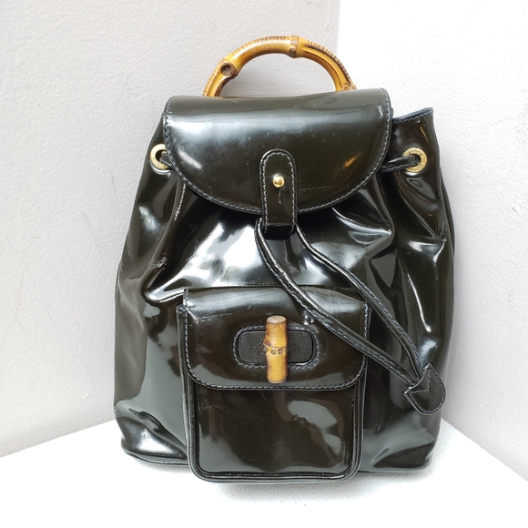 Authentic GUCCI Bamboo Backpack Enamel Black - Picture 1 of 14